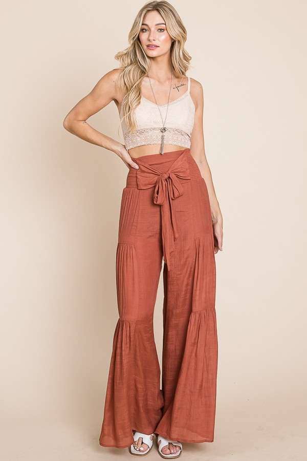 Tie front ruched waist back pants JBJ1033: Charcoal / L