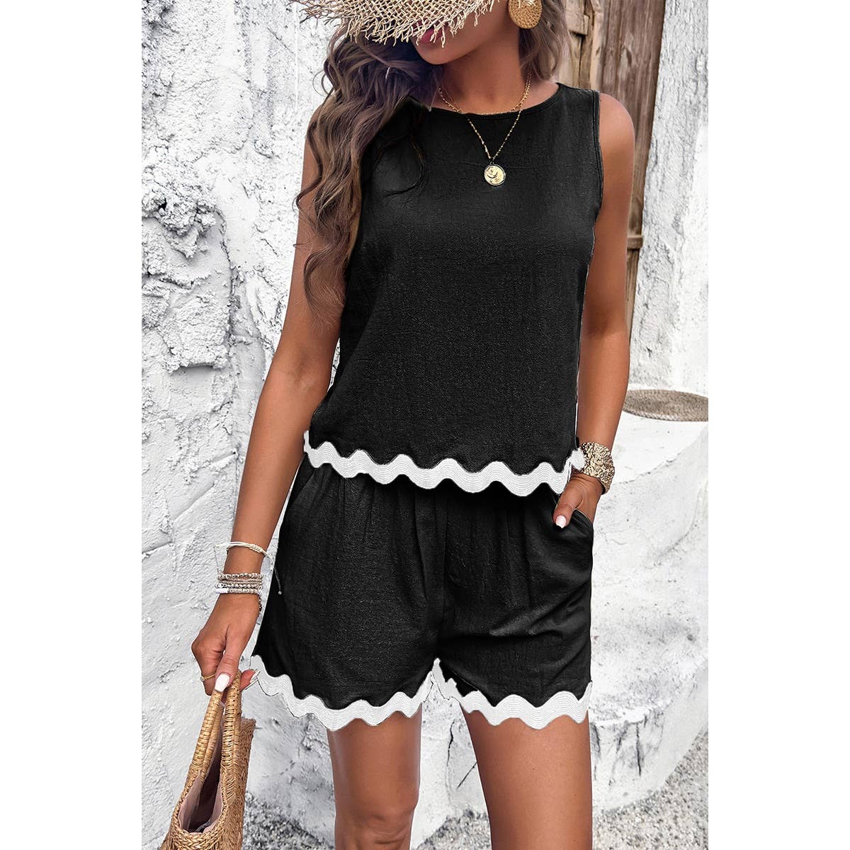Two Pieces Printed Sleeveless Pockets Shorts Sets: GREEN / XL