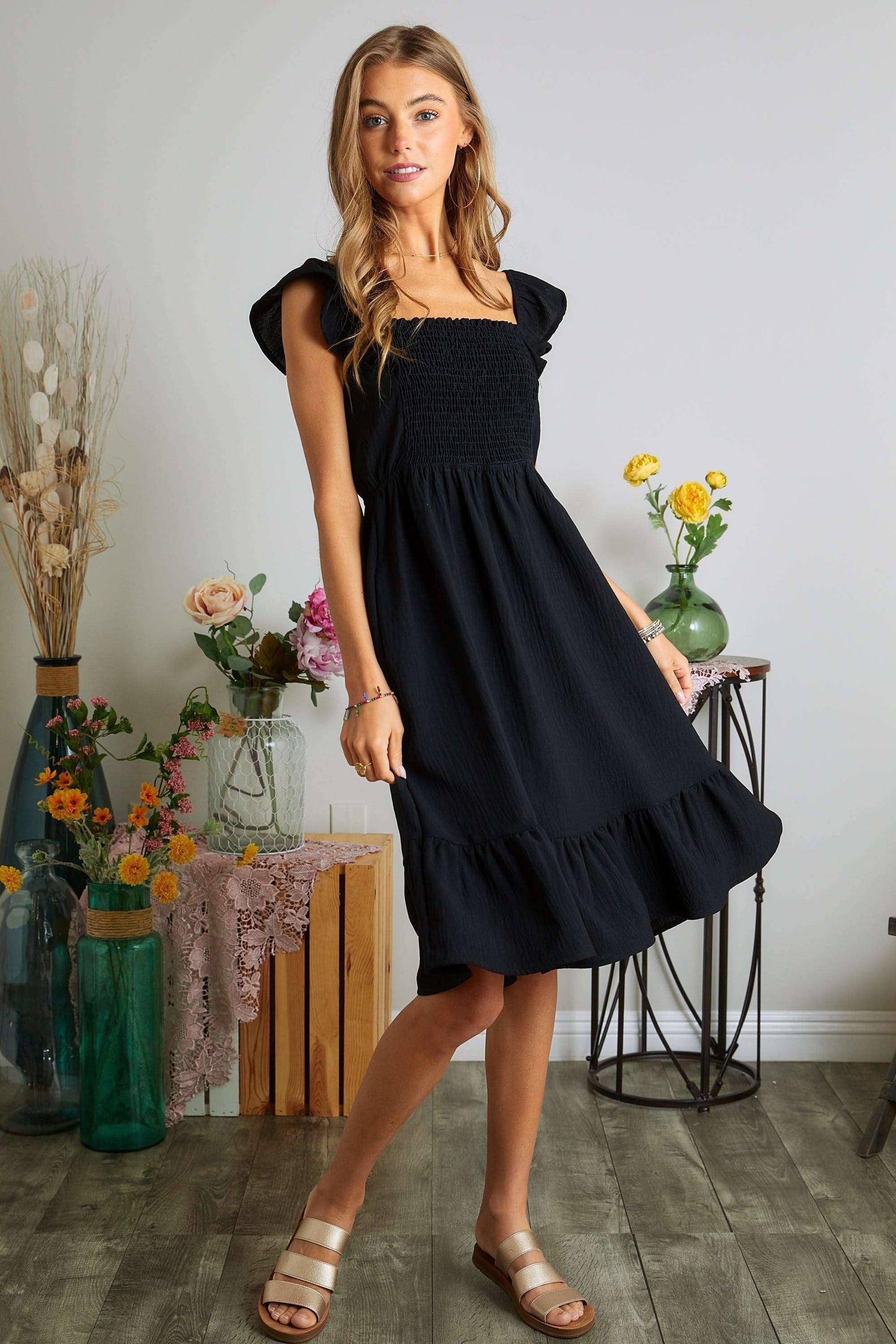 AD17040 - RUFFLE SLEEVE BABYDOLL DRESS: HOT PINK / L