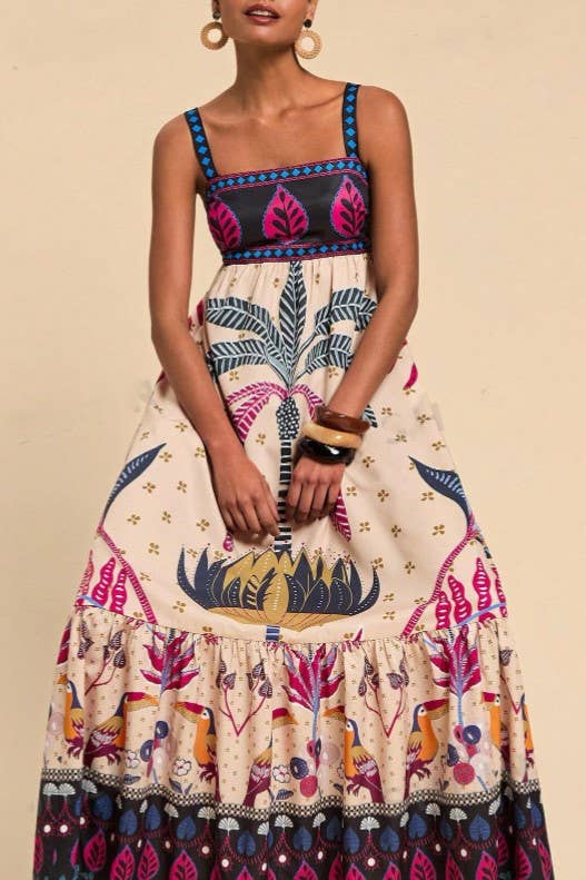 2025 SUMMER Bohemia Tropical totem print strappy flare dress: Palm / L