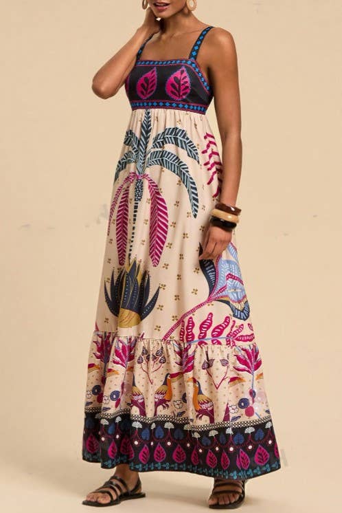 2025 SUMMER Bohemia Tropical totem print strappy flare dress: Palm / S