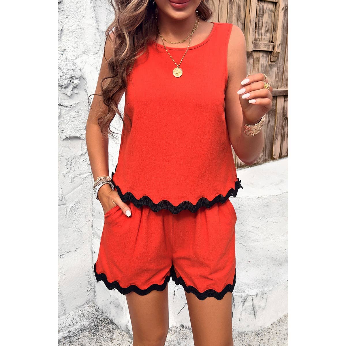 Two Pieces Printed Sleeveless Pockets Shorts Sets: GREEN / XL