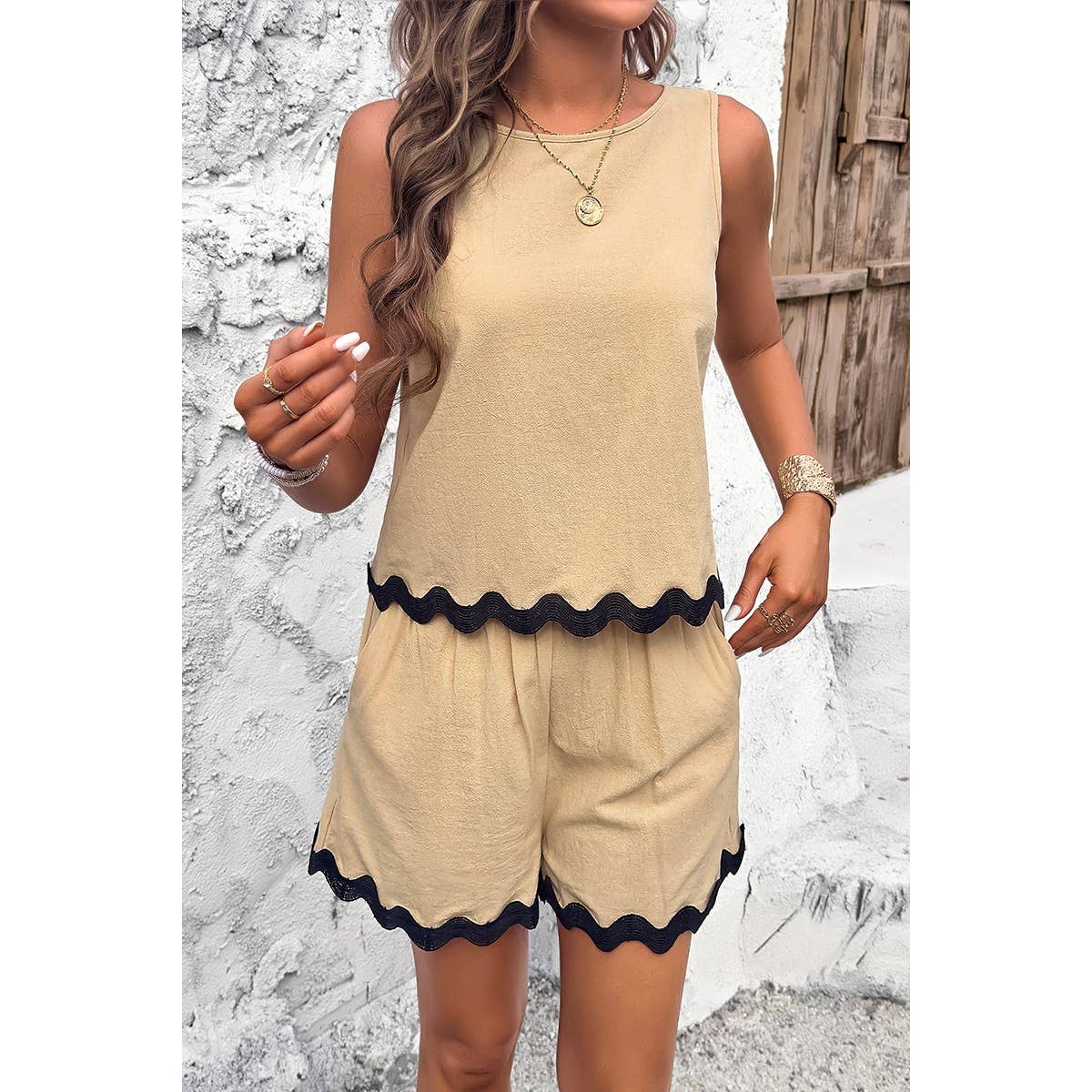 Two Pieces Printed Sleeveless Pockets Shorts Sets: GREEN / XL