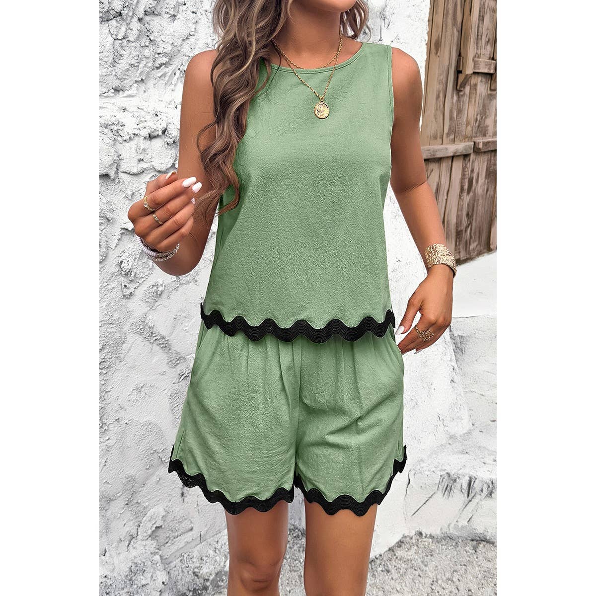Two Pieces Printed Sleeveless Pockets Shorts Sets: GREEN / XL