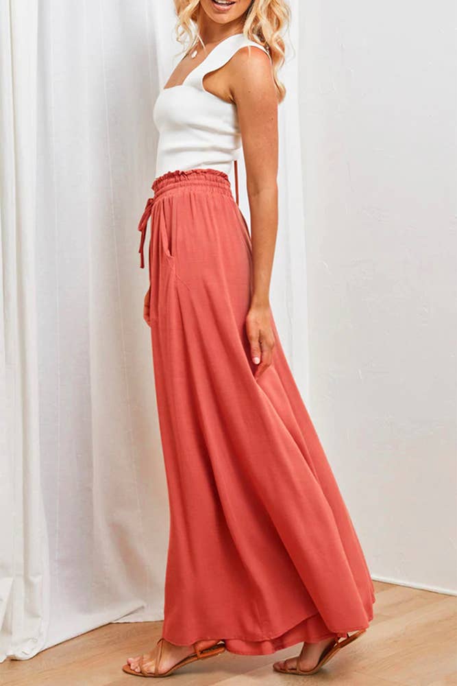 High Waist Wide Leg Pants With Drawstring BTMW245: Black / S