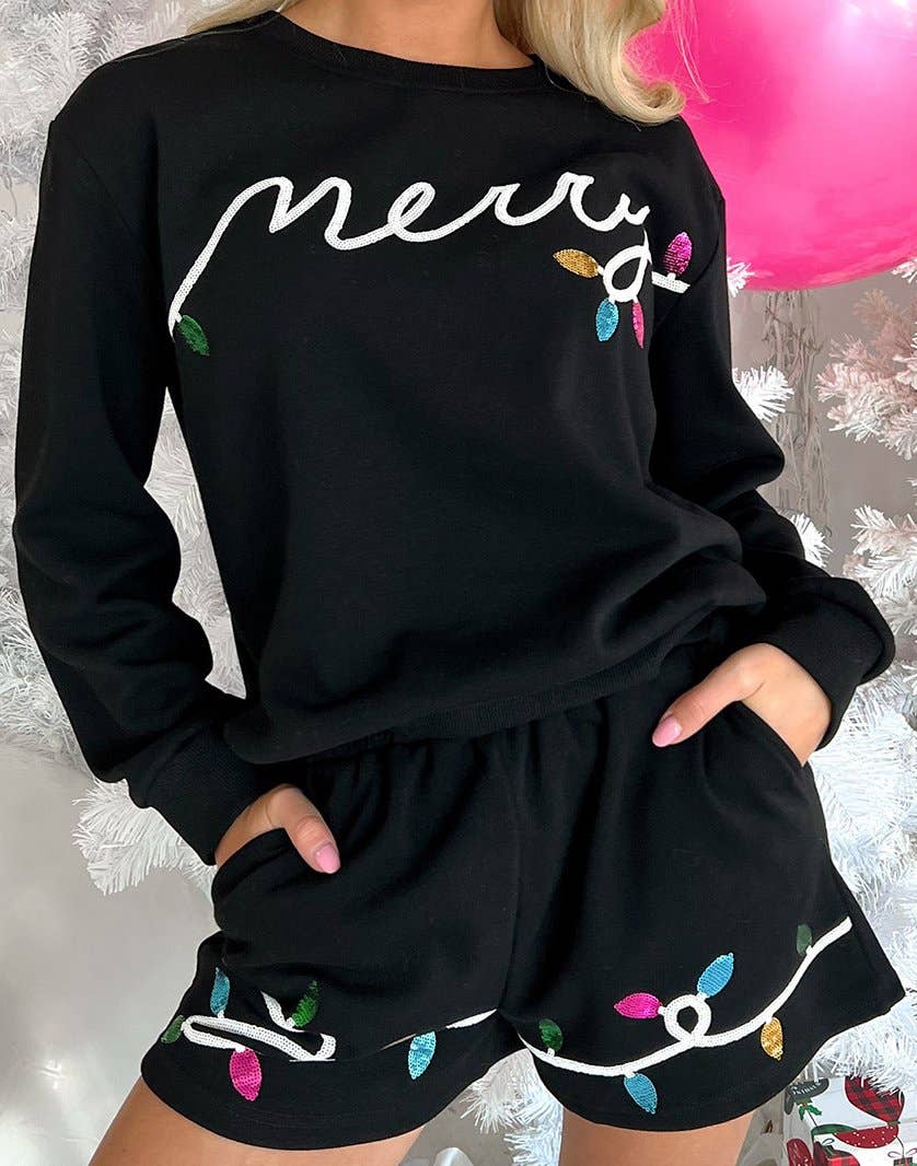 Sequin Merry Graphic SET: Black / S