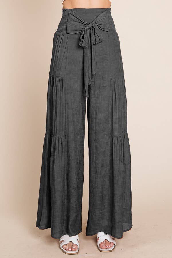 Tie front ruched waist back pants JBJ1033: Charcoal / L