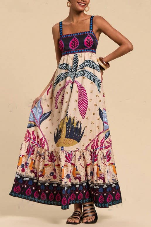 2025 SUMMER Bohemia Tropical totem print strappy flare dress: Palm / S