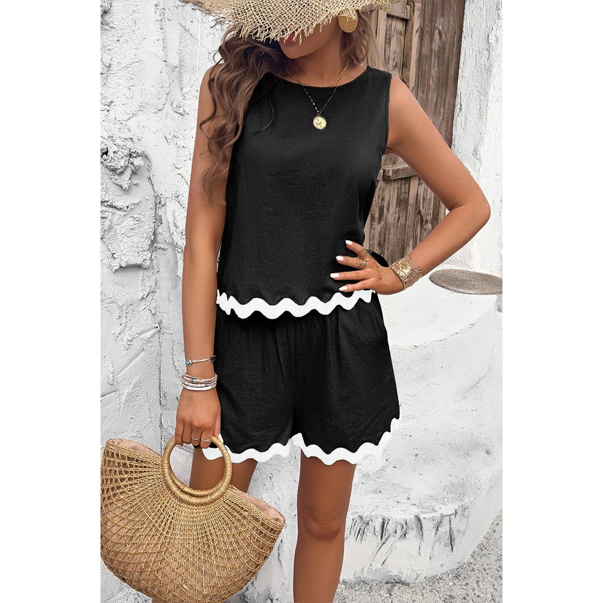 Two Pieces Printed Sleeveless Pockets Shorts Sets: GREEN / XL