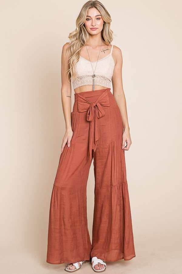 Tie front ruched waist back pants JBJ1033: Charcoal / L