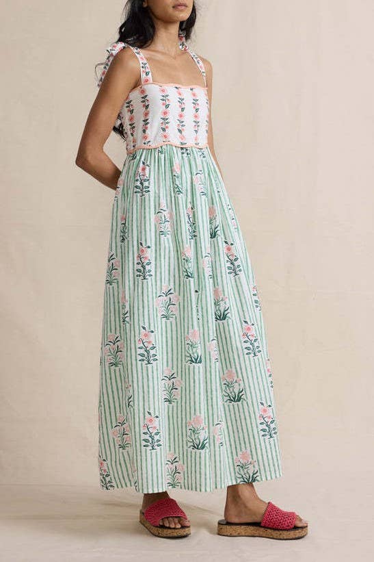 2025 Hanakotoba Floral flare swing dress w bow tie straps: Green / L