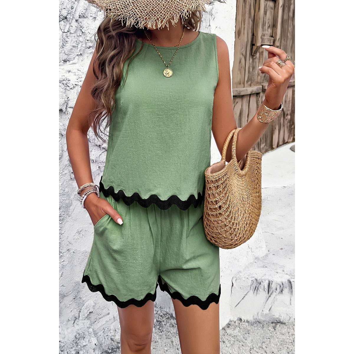 Two Pieces Printed Sleeveless Pockets Shorts Sets: GREEN / XL