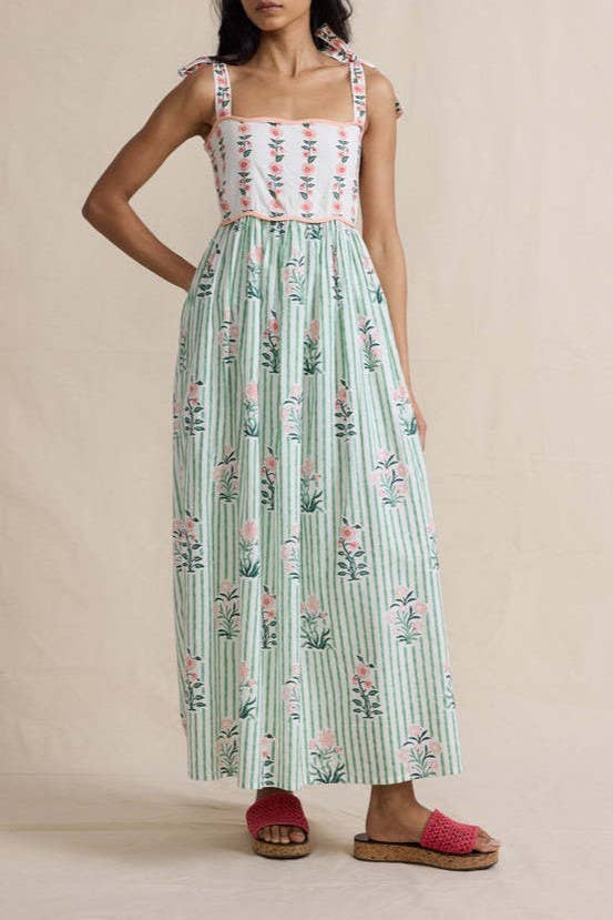 2025 Hanakotoba Floral flare swing dress w bow tie straps: Green / L