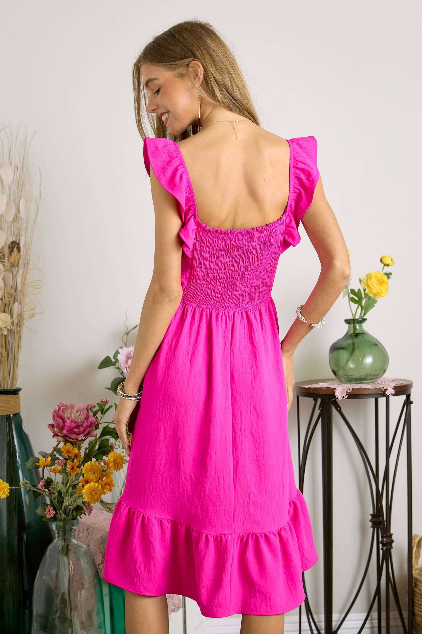 AD17040 - RUFFLE SLEEVE BABYDOLL DRESS: HOT PINK / M