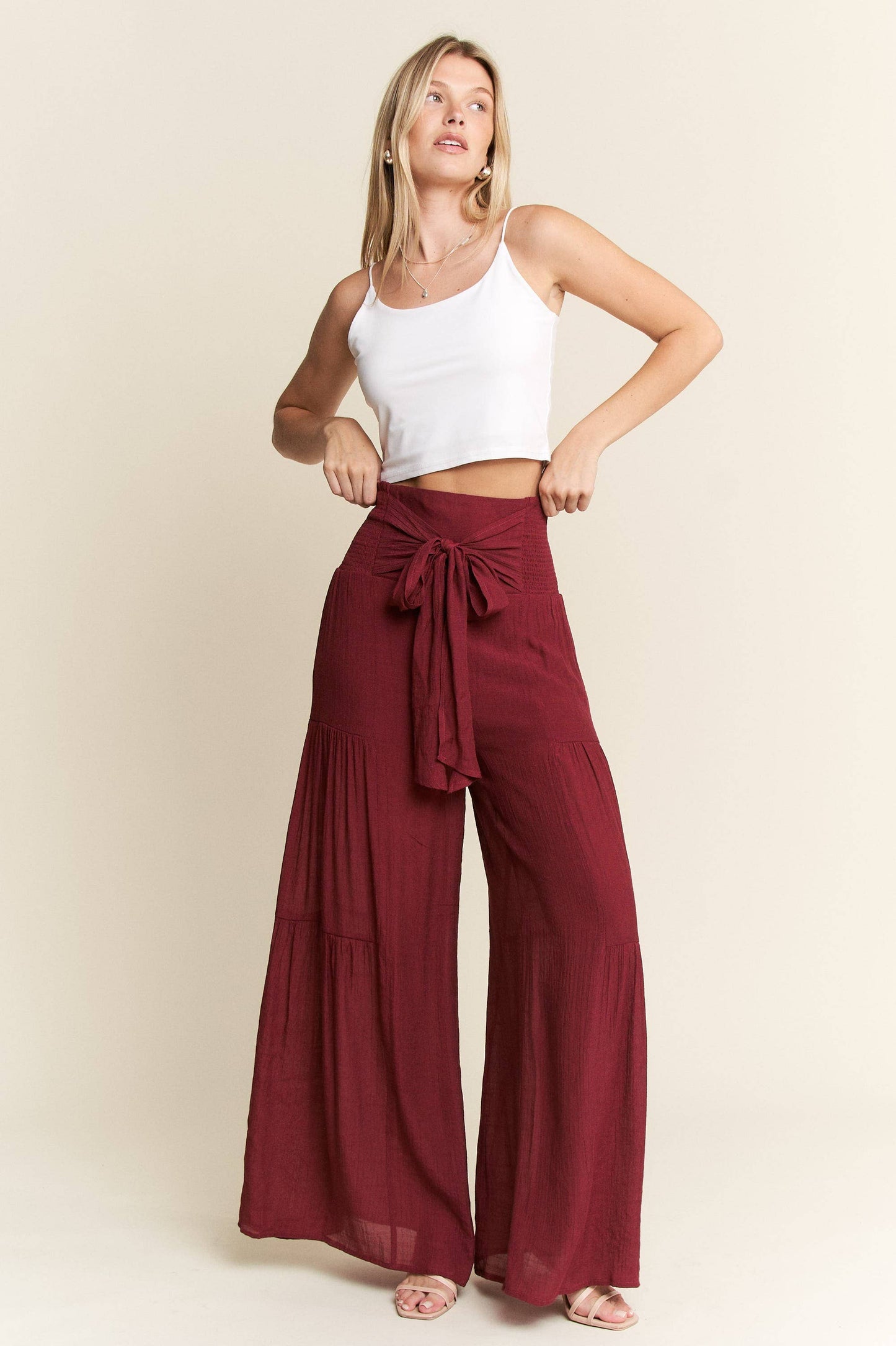 Tie front ruched waist back pants JBJ1033: Charcoal / L