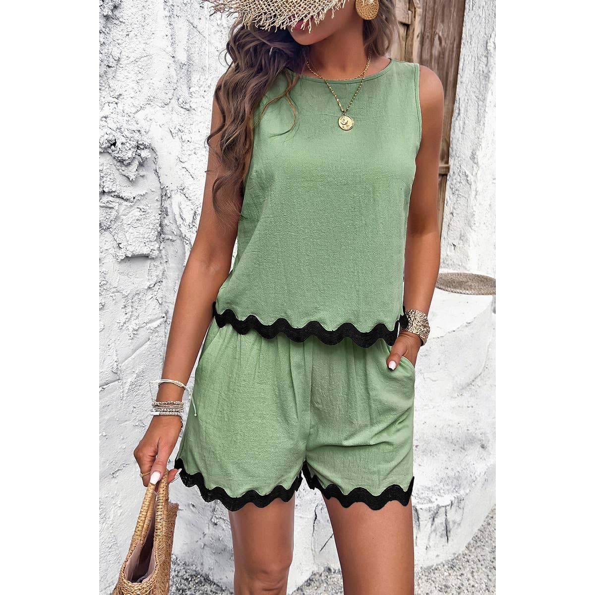 Two Pieces Printed Sleeveless Pockets Shorts Sets: GREEN / XL