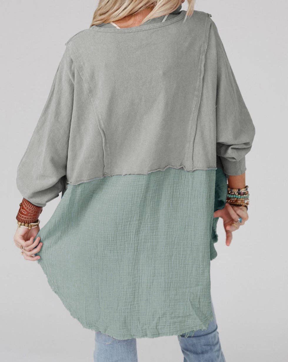 Crinkle Patchwork Raw Edge Blouse: Orange / 80%Polyester+20%Cotton / L