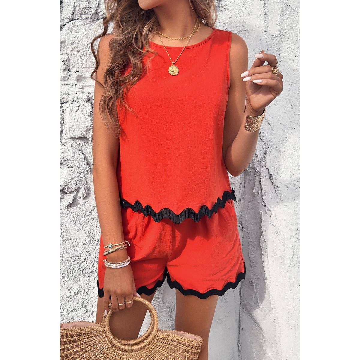 Two Pieces Printed Sleeveless Pockets Shorts Sets: GREEN / XL