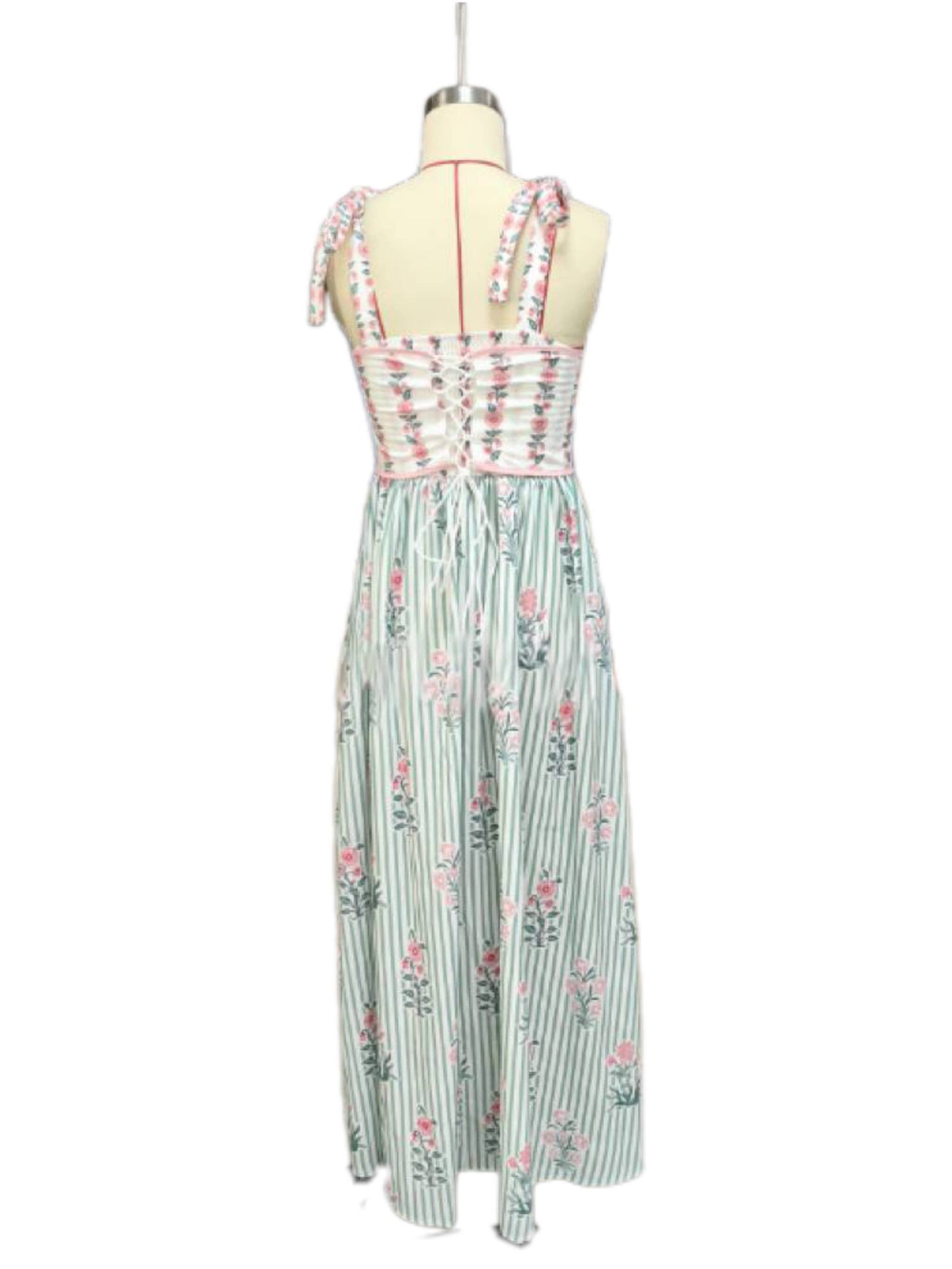 2025 Hanakotoba Floral flare swing dress w bow tie straps: Green / L