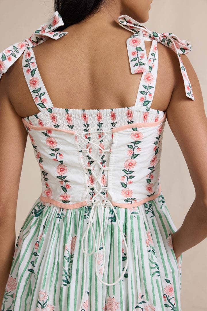 2025 Hanakotoba Floral flare swing dress w bow tie straps: Green / L