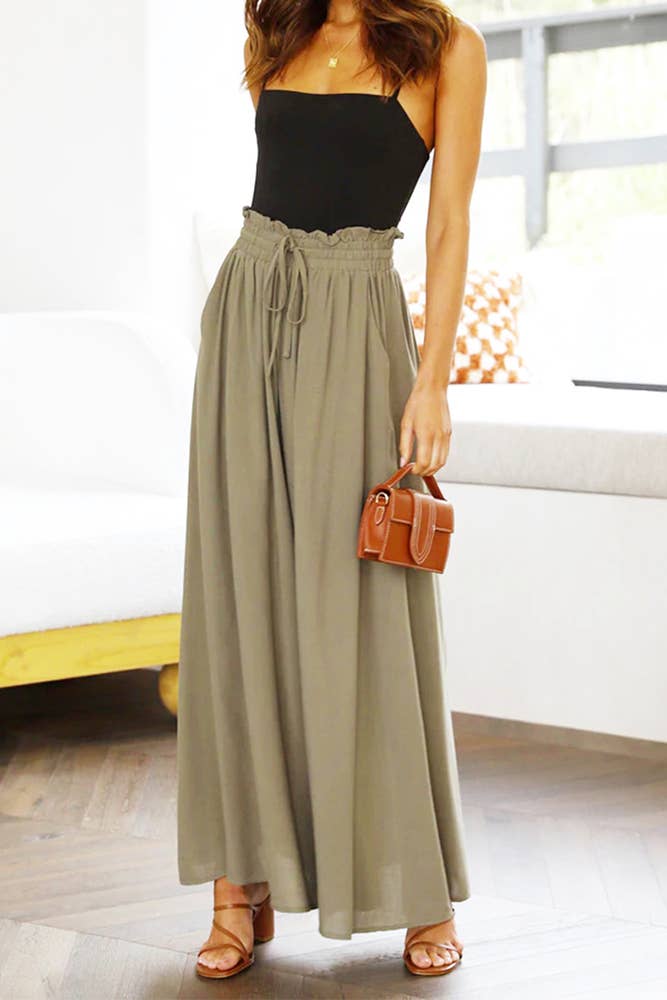 High Waist Wide Leg Pants With Drawstring BTMW245: Black / 2XL