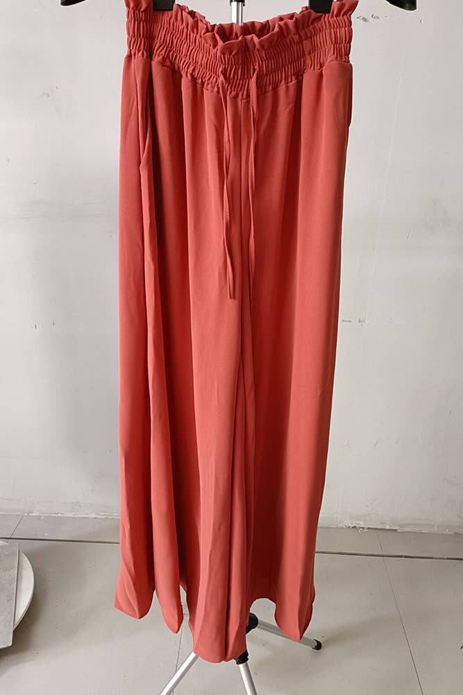 High Waist Wide Leg Pants With Drawstring BTMW245: Black / S