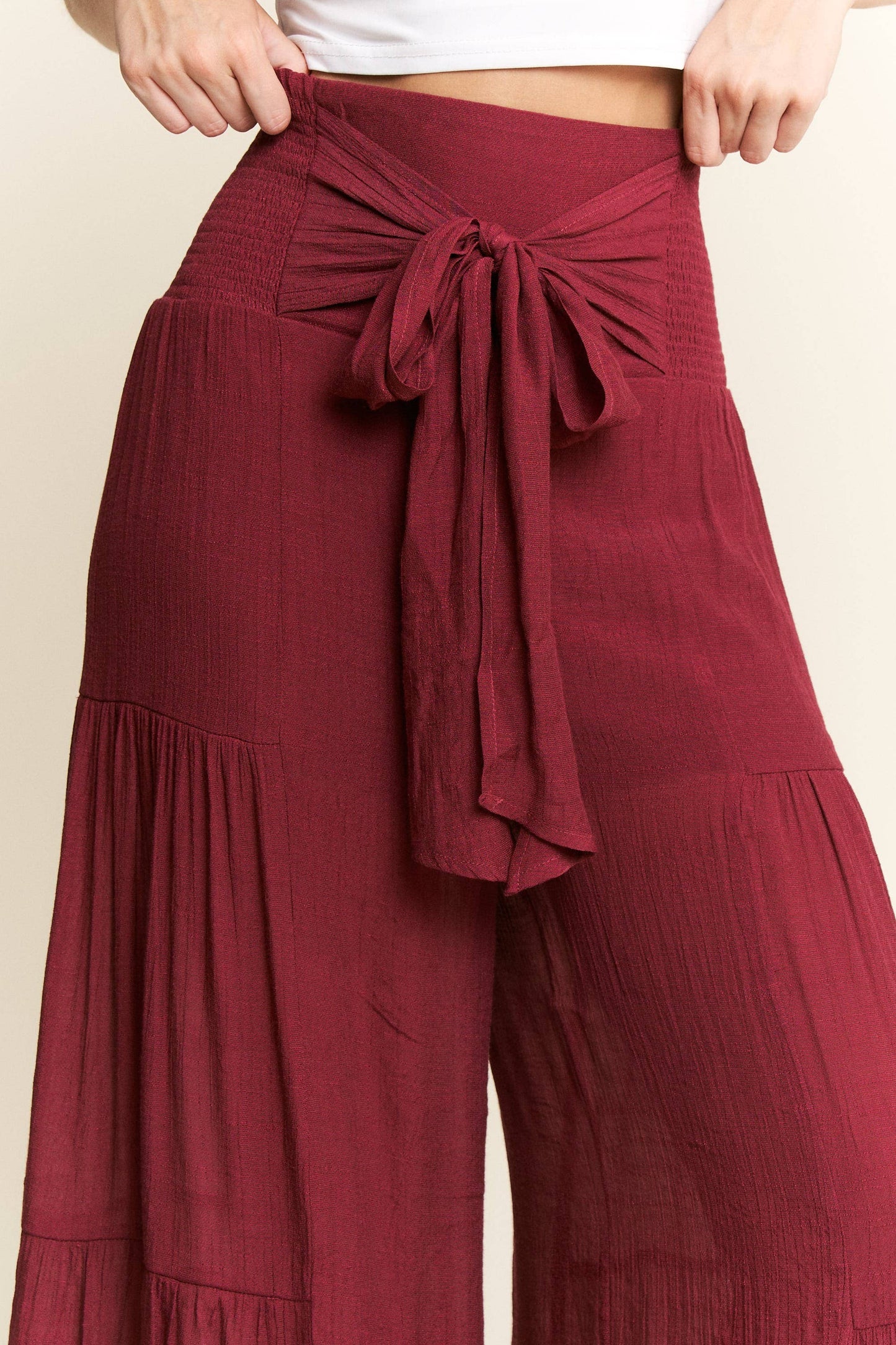 Tie front ruched waist back pants JBJ1033: RUBY / S
