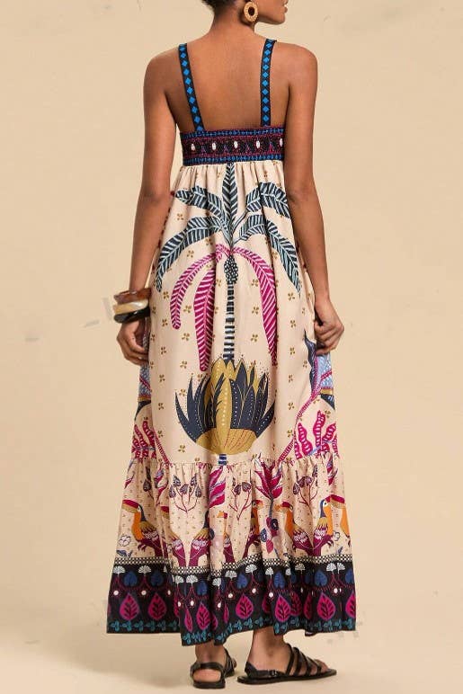 2025 SUMMER Bohemia Tropical totem print strappy flare dress: Palm / L