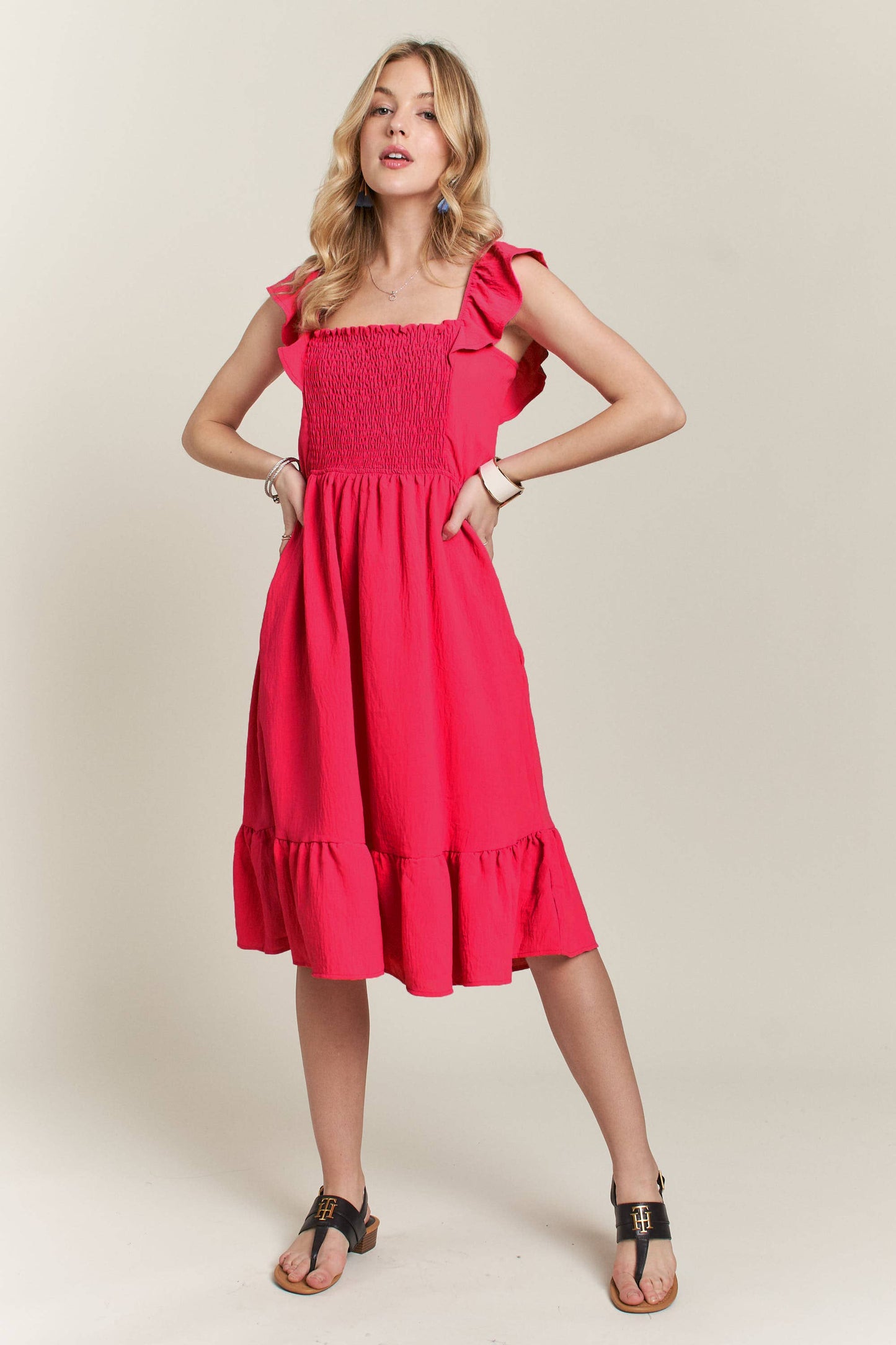AD17040 - RUFFLE SLEEVE BABYDOLL DRESS: HOT PINK / S