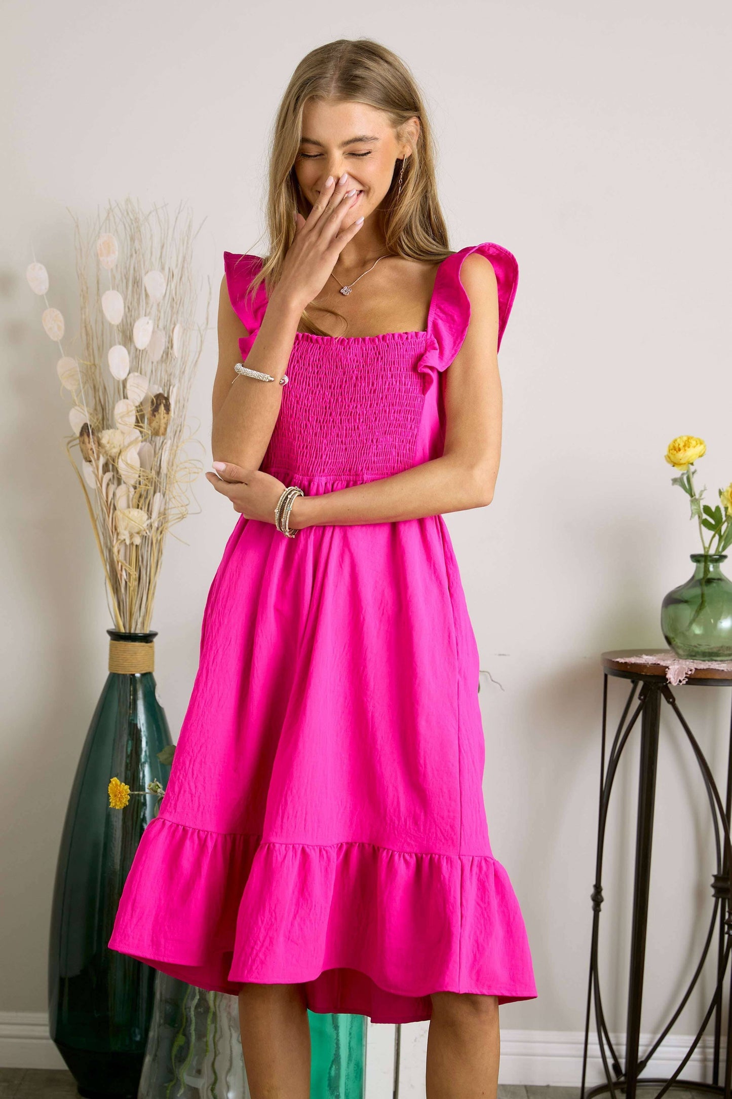 AD17040 - RUFFLE SLEEVE BABYDOLL DRESS: HOT PINK / S