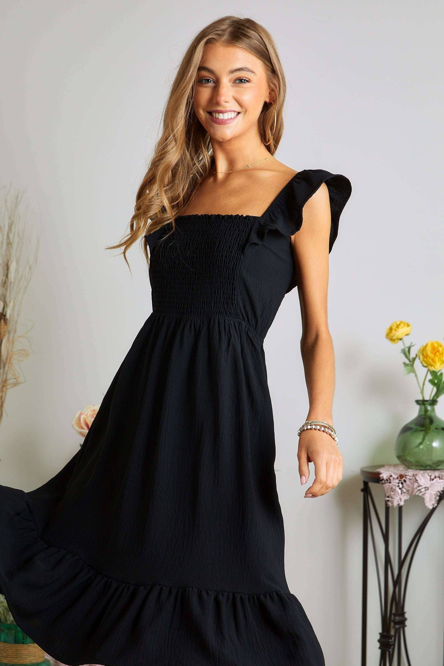 AD17040 - RUFFLE SLEEVE BABYDOLL DRESS: HOT PINK / S
