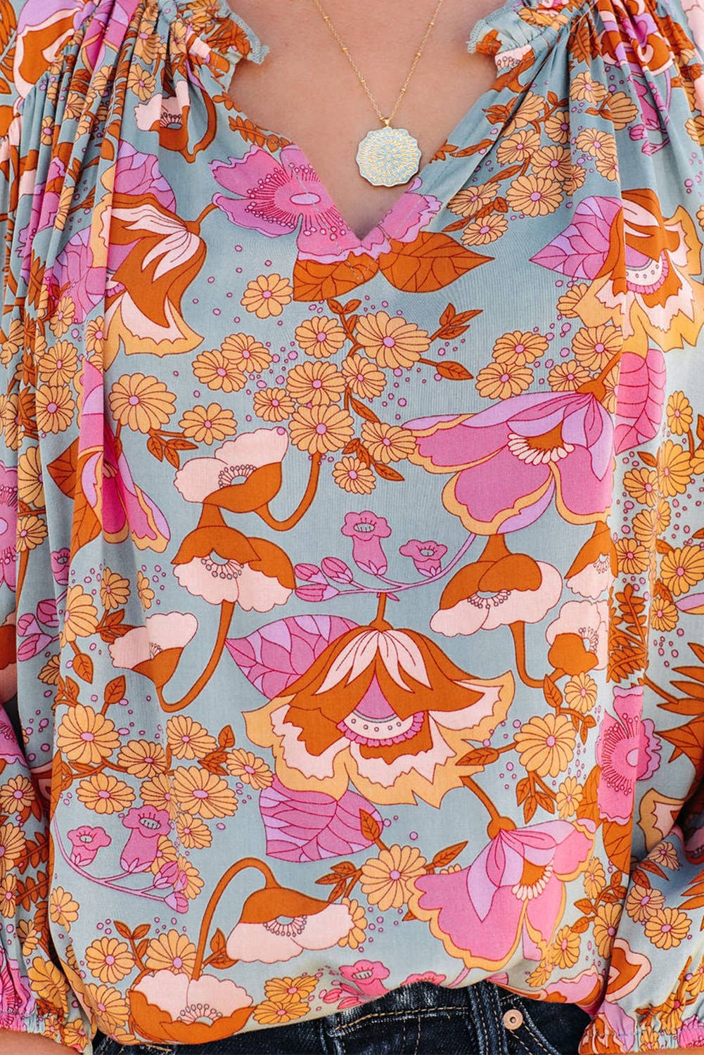 Floral Ruched Split V-Neck Blouse