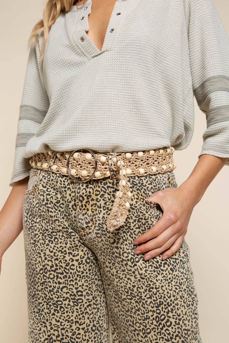 Leatherette beaded pattern detail 'O' ring adjustable belt: BEIGE / OS