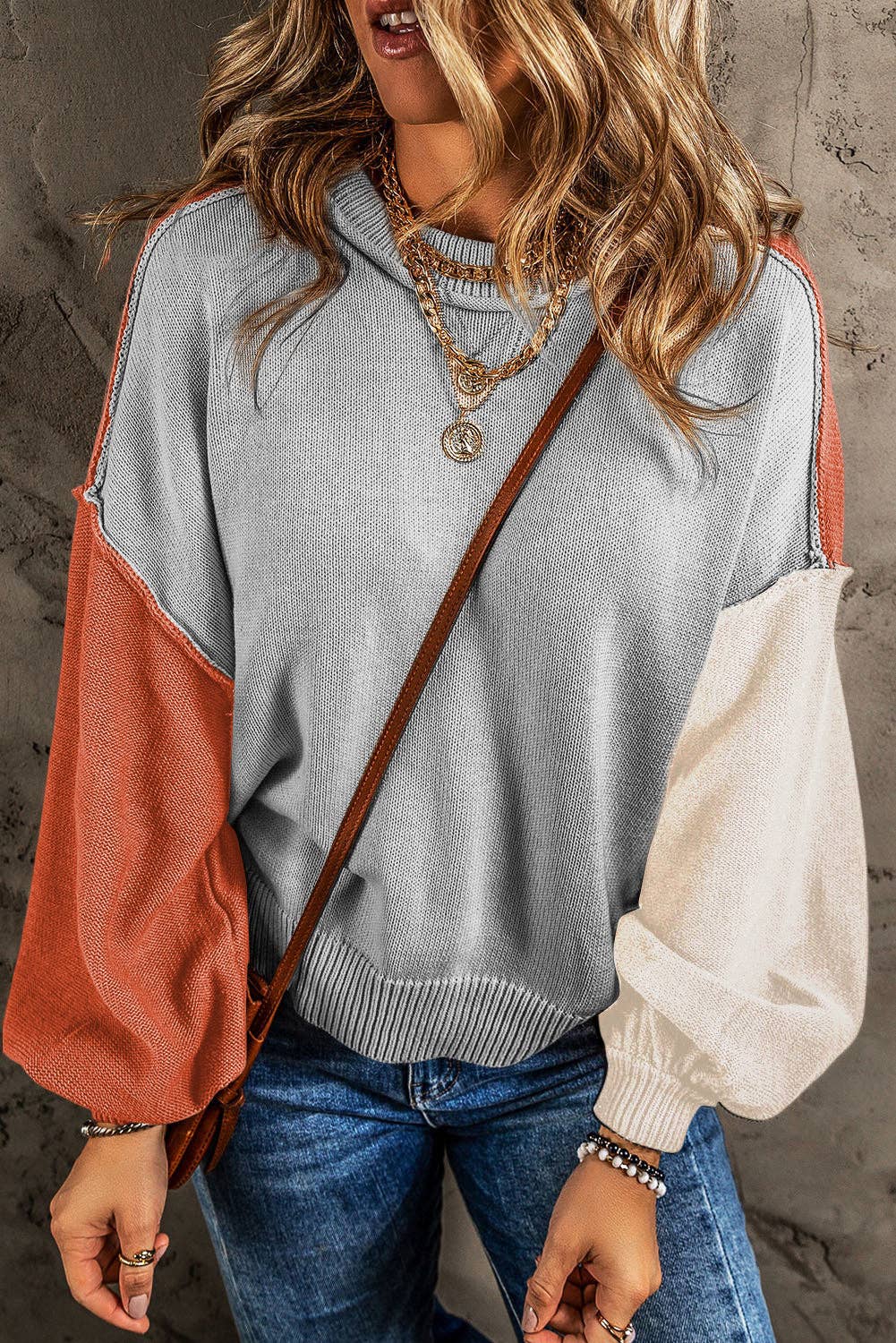 Colorblock Bishop Sleeve Ribbed Trim Sweater: Coffee / L