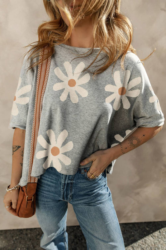 LDC Big Flower Pattern Round Neck Shift Blouse: Gray / L