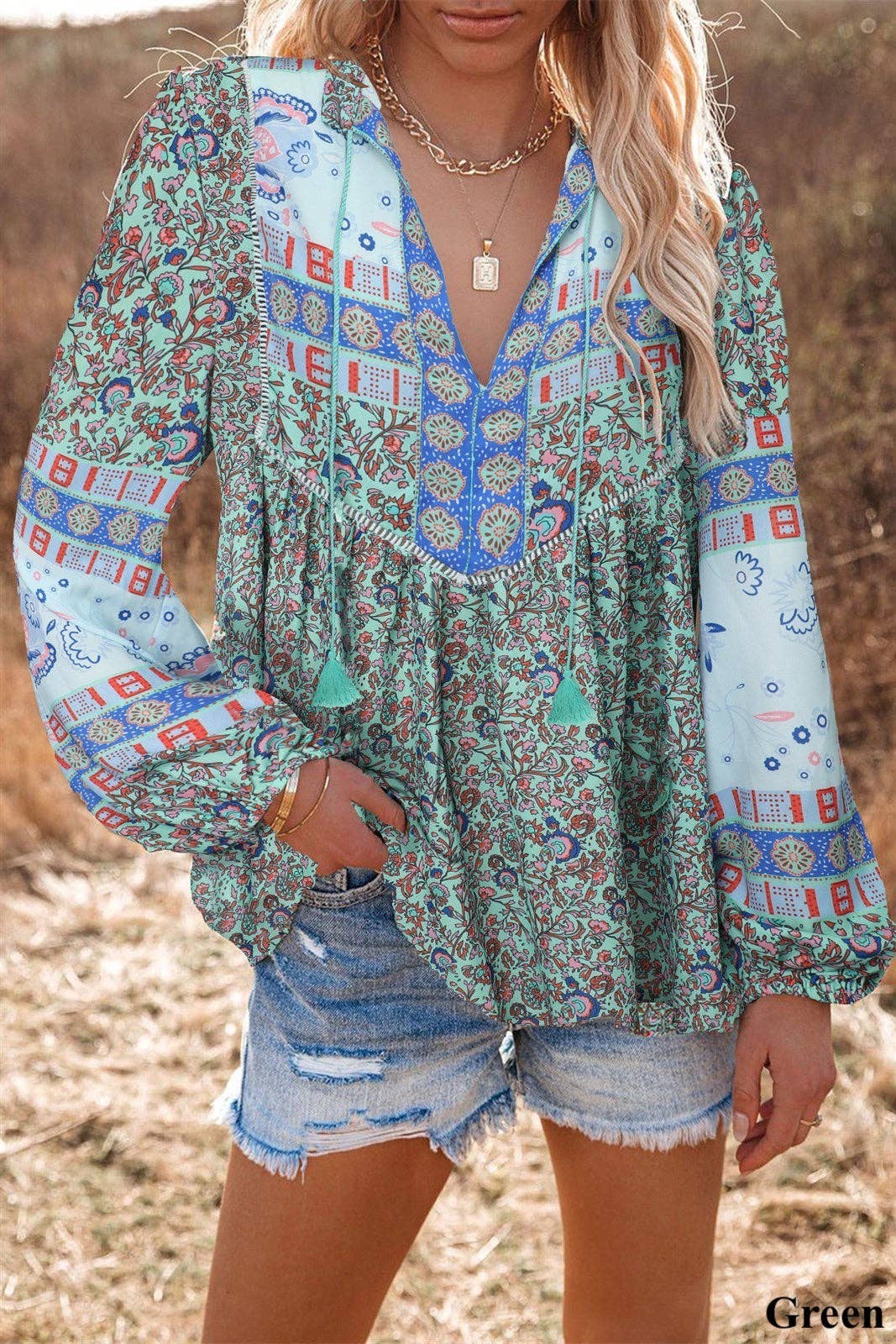 Tassel Floral Boho Top: L / Green