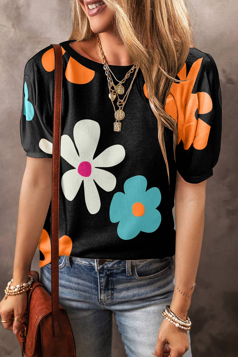 Floral Bubble Sleeve Tee: Black / L