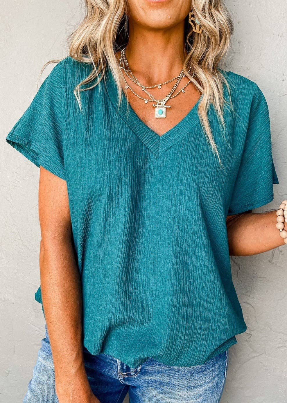 Crinkled Textured Wide Sleeve T Shirt Top: Blue / M