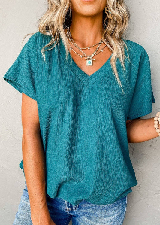 Crinkled Textured Wide Sleeve T Shirt Top: Blue / L