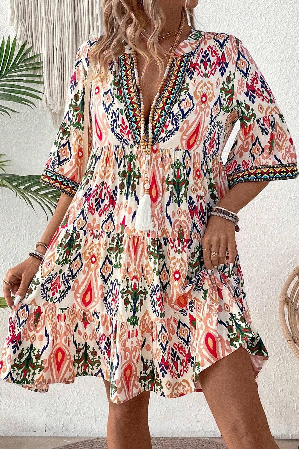 Boho V-Neck 3/4 Sleeve Mini Dress: Multicolour / L