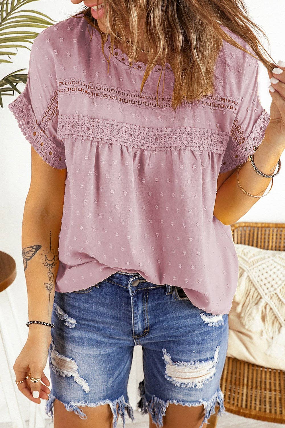 Circle Lace Dotted Top: L / Pink