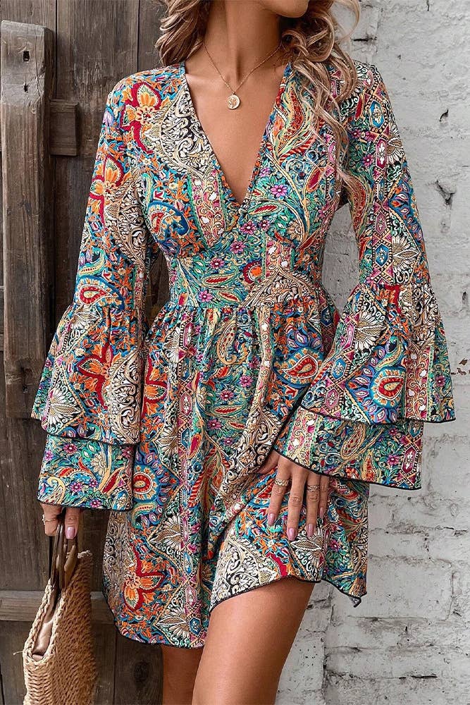 Summer Flare Sleeves V Neck Boho Printed Dress ZK1868: Multi / S