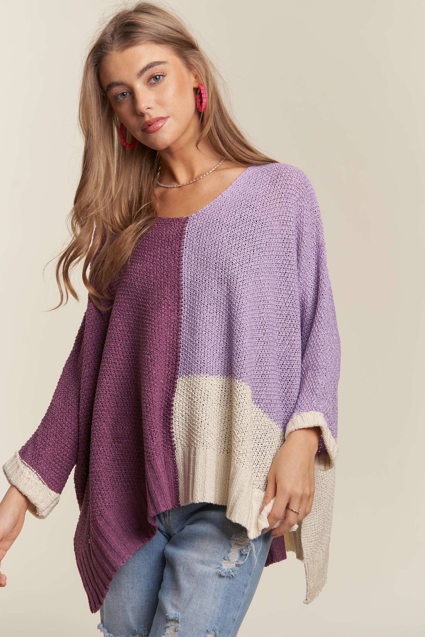 CESW3416 - LIGHTWEIGHT COLORBLOCK SWEATER TOP: LILAC / M/L