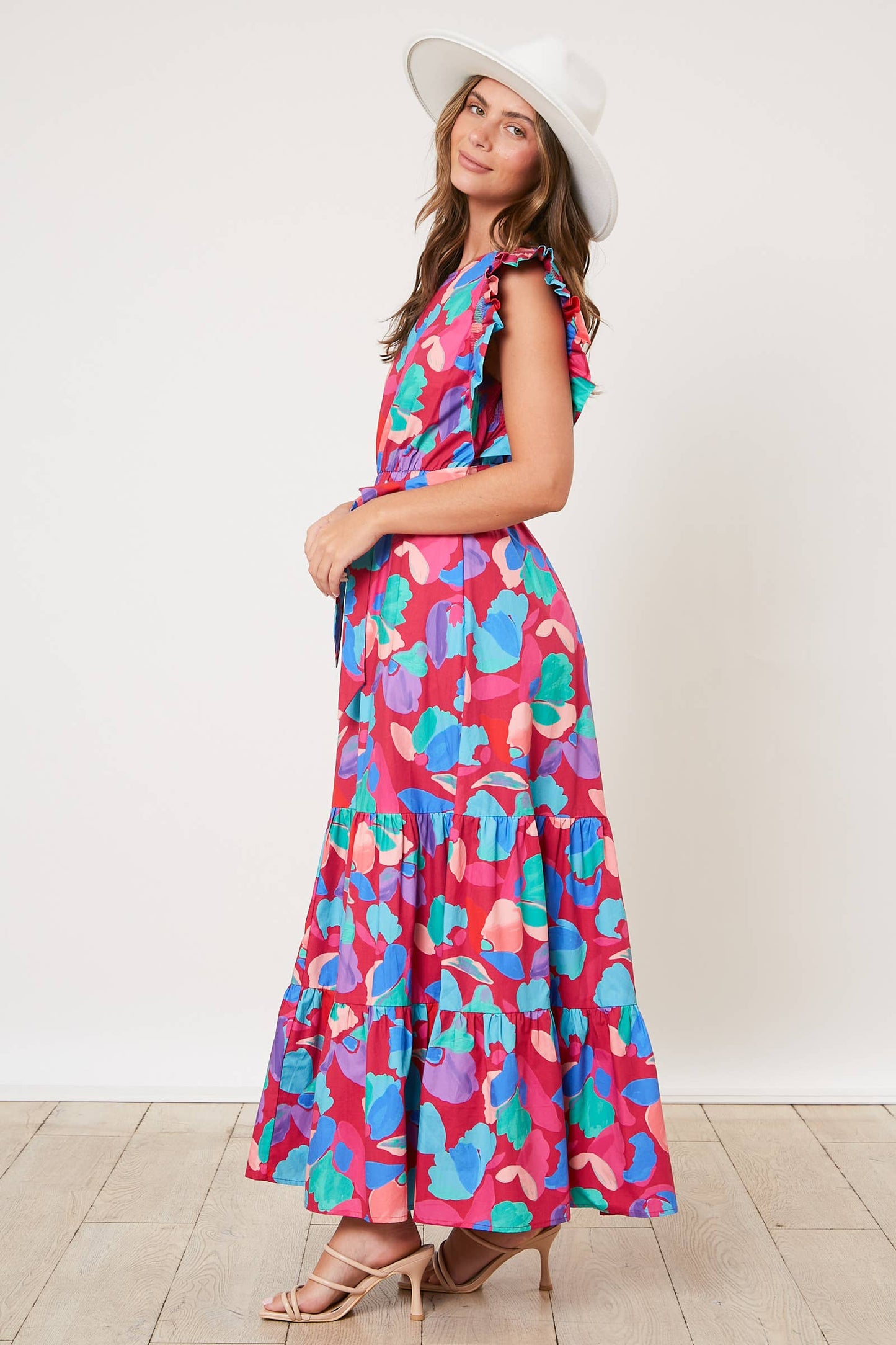 Floral Waist Tie Maxi Dress: PLUM MULTI / S