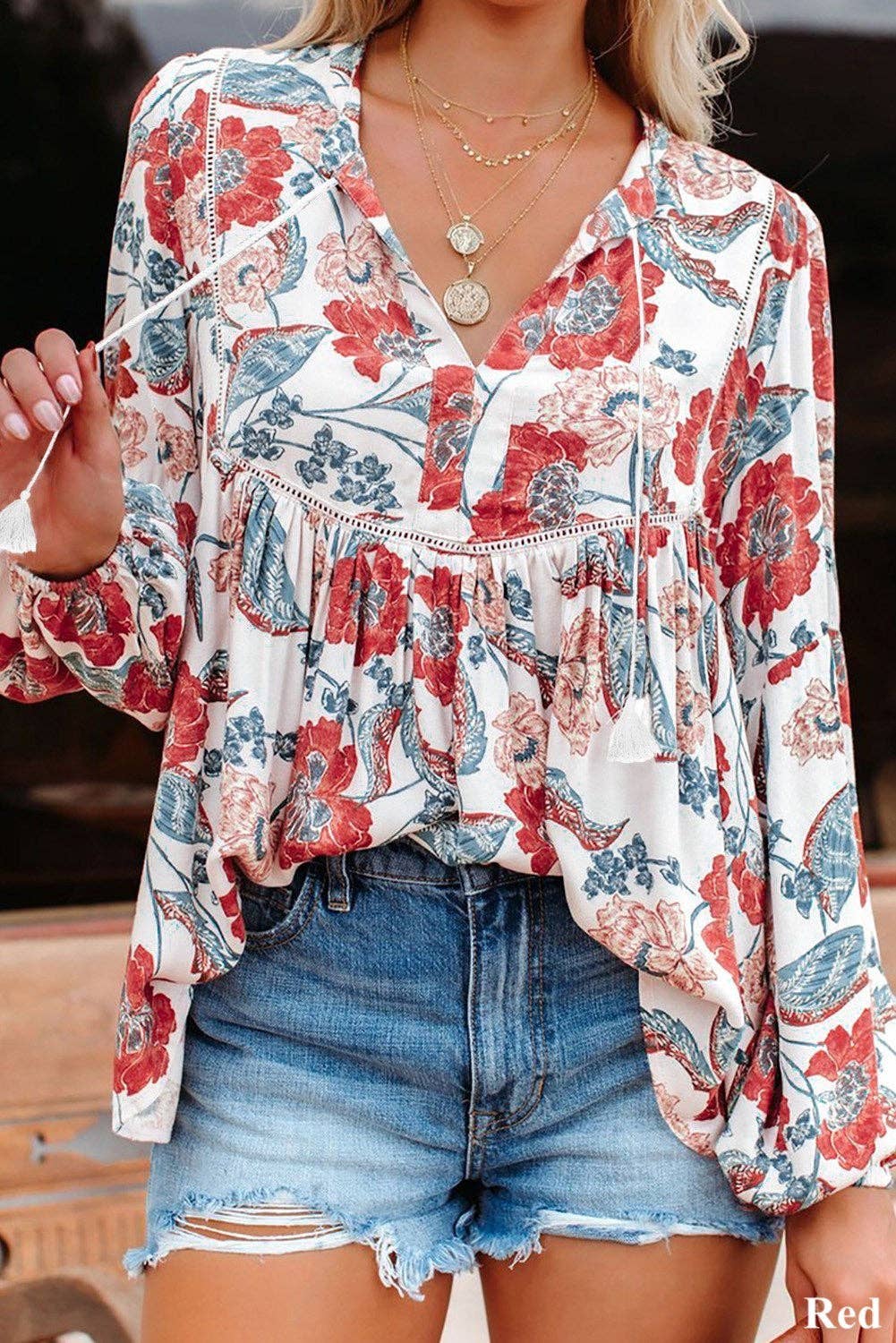 Tassel Floral Boho Top: M / Red