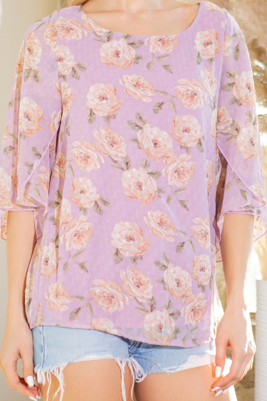 Swiss Dot Floral Print Split Sleeve Blouse