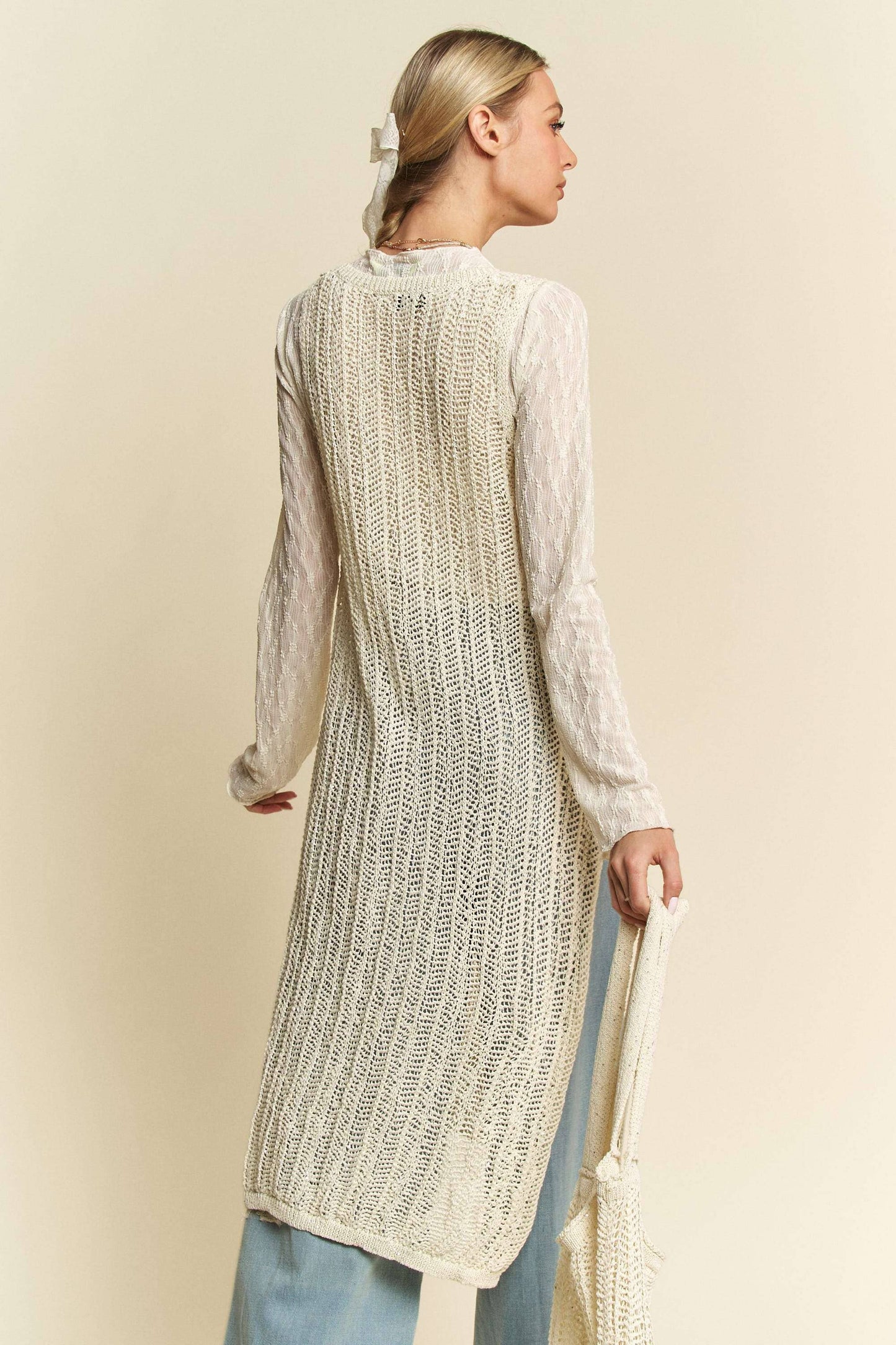 KNIT SIDE SLIT ROUND NECK SLEEVE LESS DRESS & BAG: Beige / S