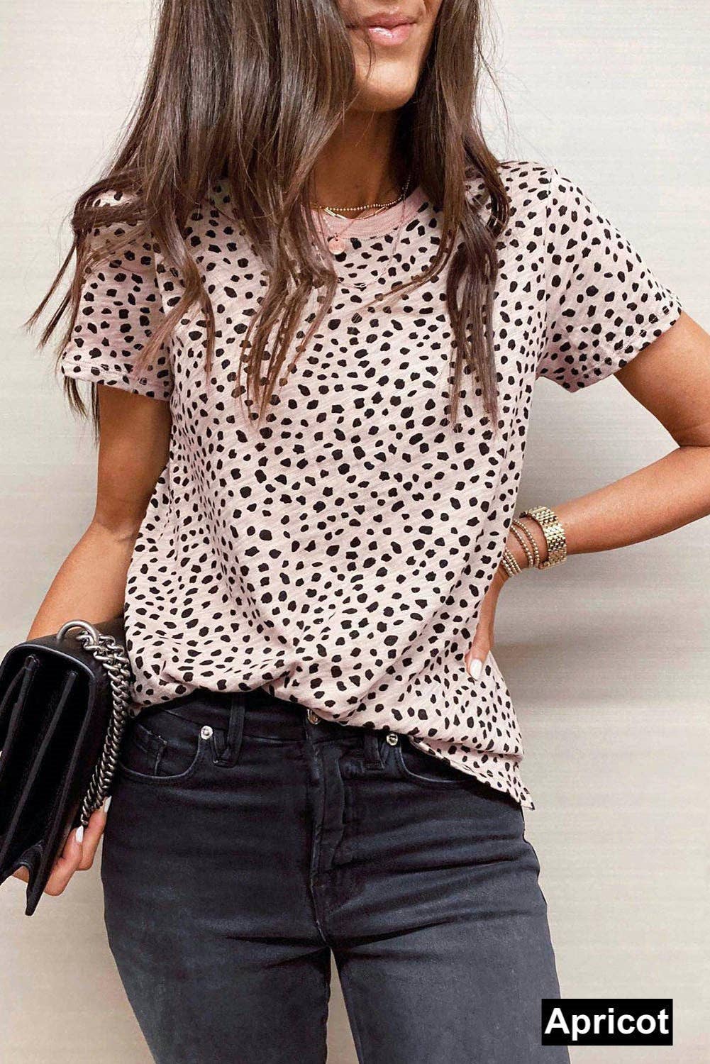 Leopard Print Short Sleeve Spotted Tee T Shirt Top: L / Apricot