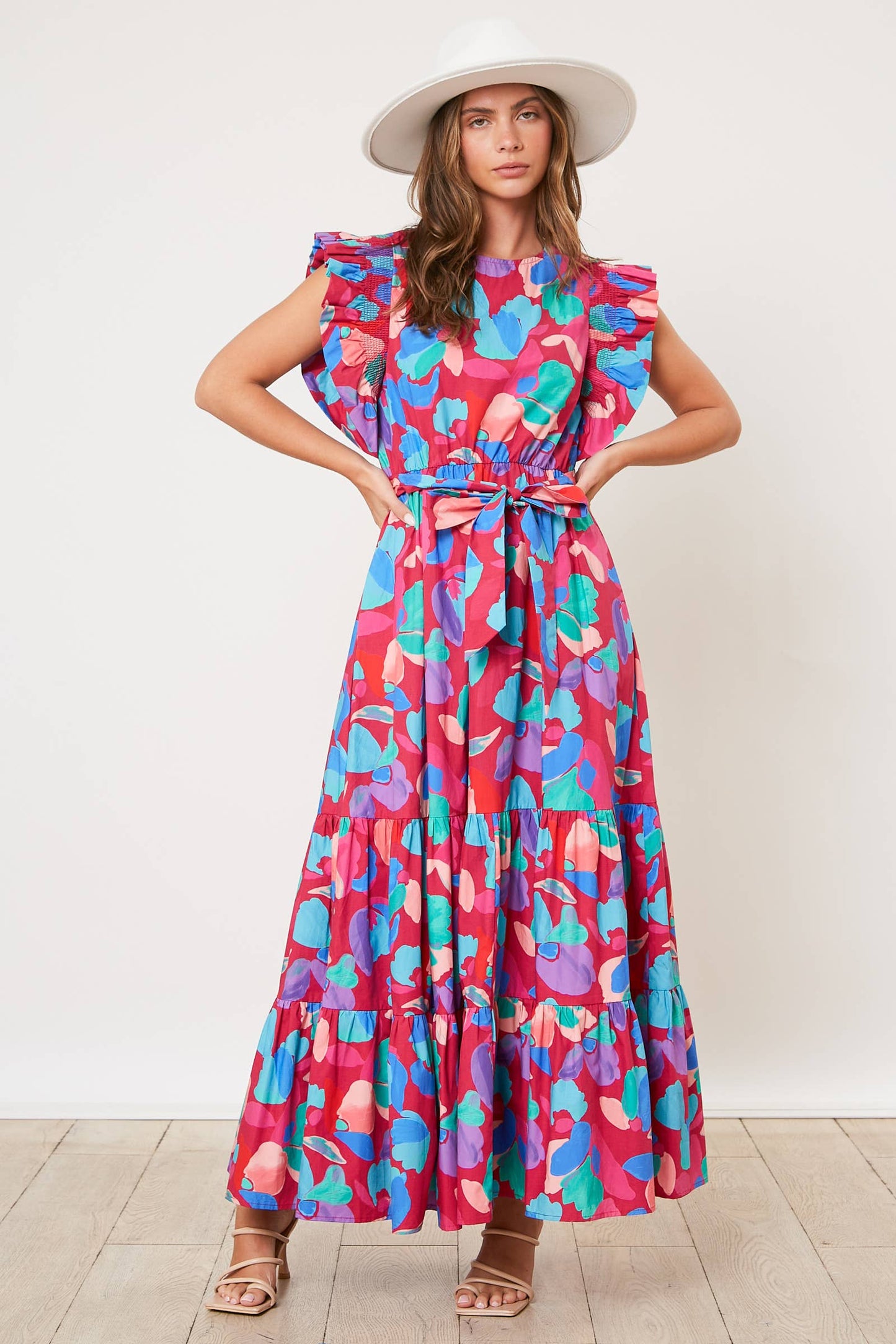 Floral Waist Tie Maxi Dress: PLUM MULTI / S