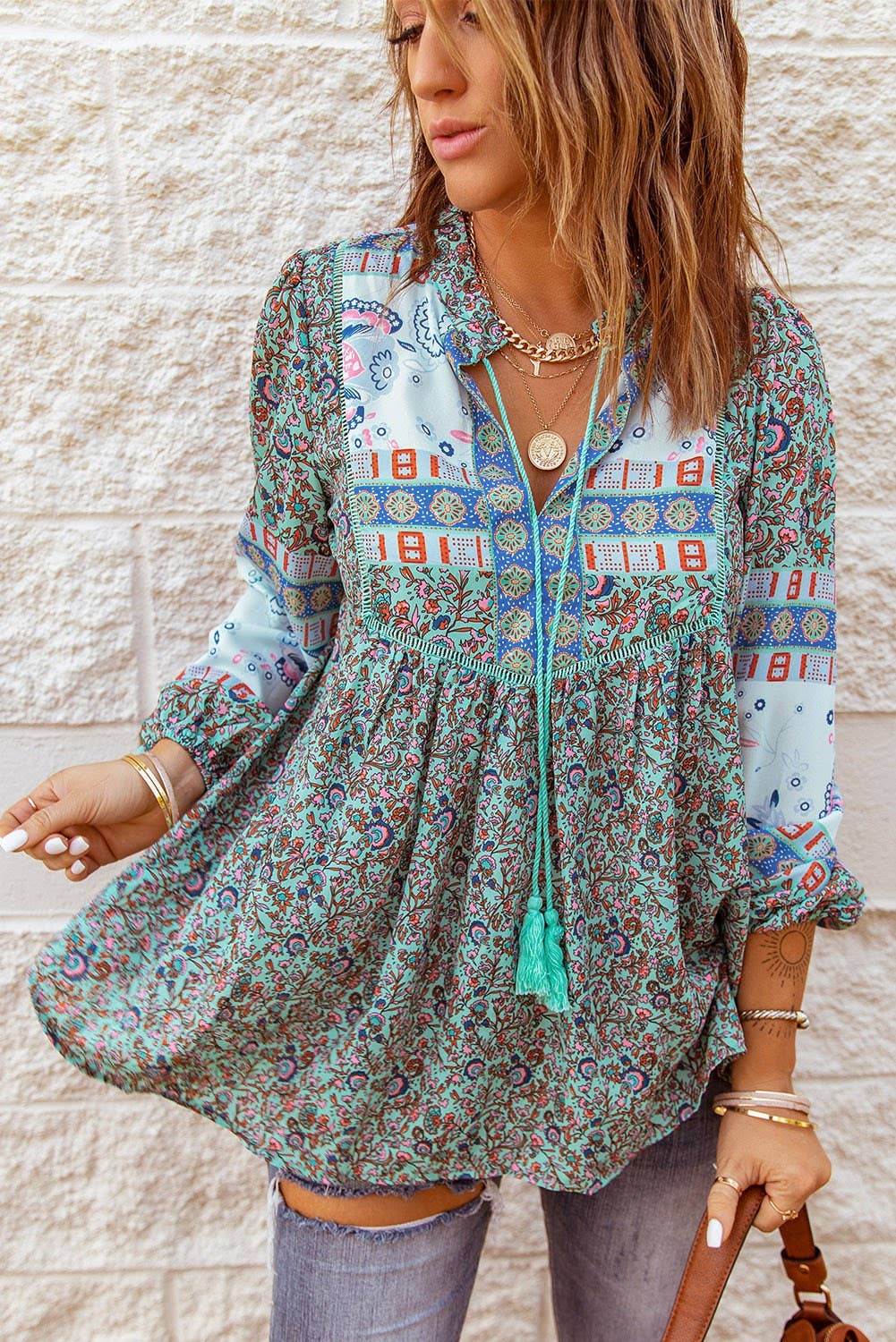 Tassel Floral Boho Top: L / Green